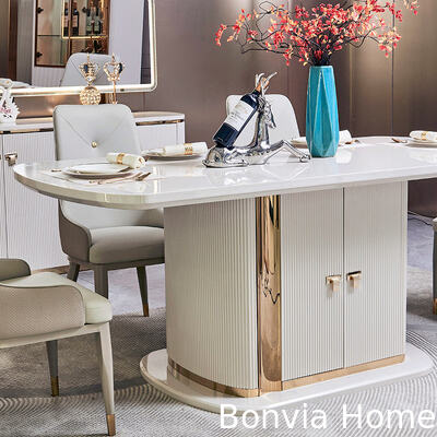 モダンホワイトウッドラグジュアリーダイニングルームセット 6人掛け コンプリートホームファニチャーストレージ ラージウッドダイニングテーブル＆チェアセット