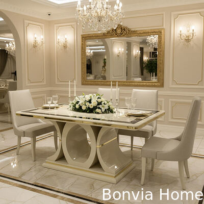 白い高級木製食卓と椅子セット 6人座 家具 ダイニングルーム ワインキャビネット付き食卓