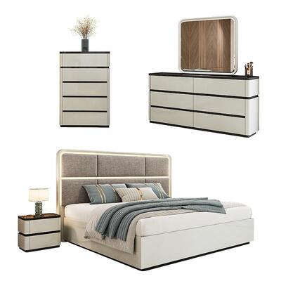 Chambre a Coucher コンプリート ルックス ベッドルーム セット ライト付き ヘッドボード サイズ ベッド 木造枠 ダブル モダン ベッドルーム 家具 セット