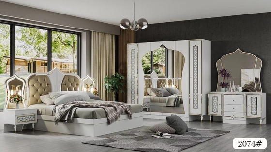 木製のパネルMDFのガラス寝室の家具は王を置いたBed White Dresser Black Nightstand