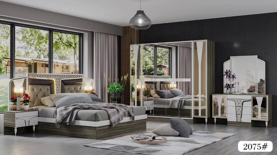 木製のパネルMDFのガラス寝室の家具は王を置いたBed White Dresser Black Nightstand