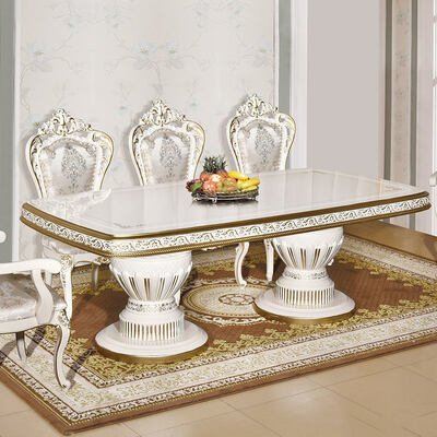 白アンティーククラシック木製ダイニングテーブルセット 6人掛け ヨーロッパロイヤル大型木製高級ホームダイニングルームセット家具