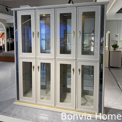 白い高級木製食卓と椅子セット 6人座 家具 ダイニングルーム ワインキャビネット付き食卓