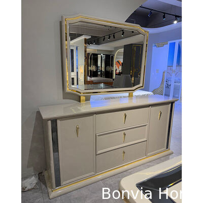 白い高級木製食卓と椅子セット 6人座 家具 ダイニングルーム ワインキャビネット付き食卓