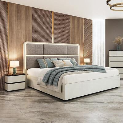 Chambre a Coucher コンプリート ルックス ベッドルーム セット ライト付き ヘッドボード サイズ ベッド 木造枠 ダブル モダン ベッドルーム 家具 セット
